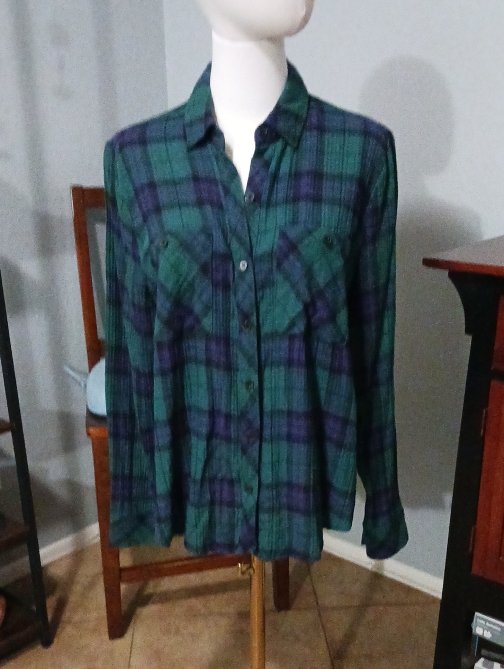 NWOT- Lucky Brand Green and Purple Plaid "Boyfriend" Shirt